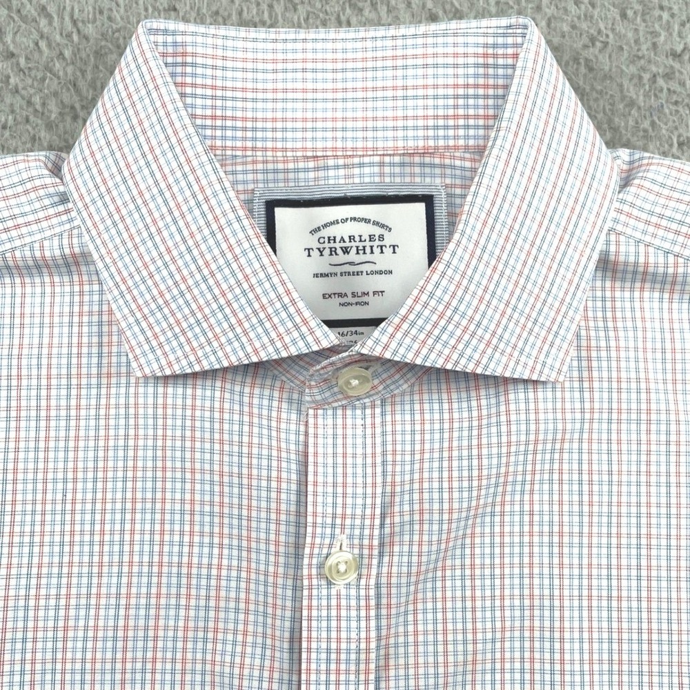 Charles Tyrwhitt Button Down Shirt Mens 16/34 Blue Red Check Extra Slim Fit